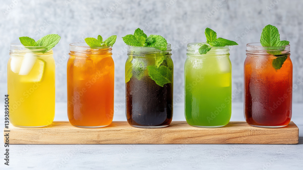 Fototapeta premium Refreshing cold beverages displayed in jars with mint leaves