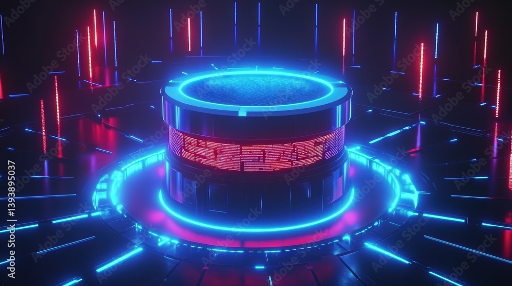 AI core glows at the heart of a cyber defense system, as streams of digital code swirl in neon blue and red. Futuristic, immersive and ultra-detailed.