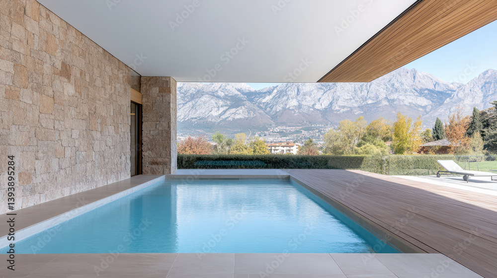 Fototapeta premium Modern spa with stone walls, serene pool, and stunning mountain views