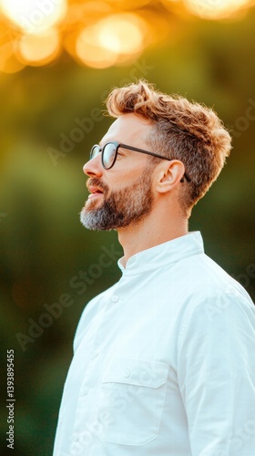 A man with glasses and a beard gazes thoughtfully into the distance, bathed in warm, golden light.