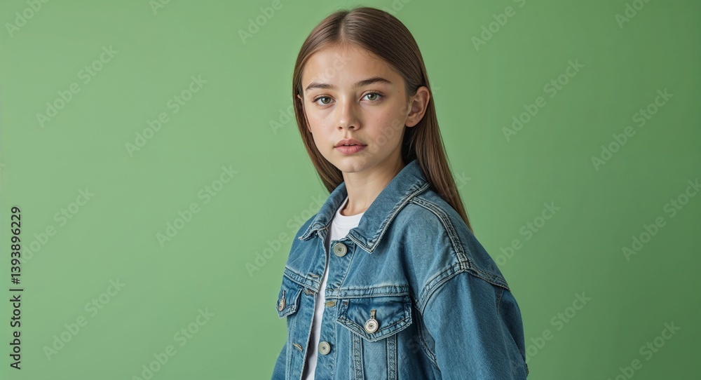 Fototapeta premium Caucasian teen girl on green plain bright background modern chic fashion pose model portrait portrait banner with copy space ad concept marketing