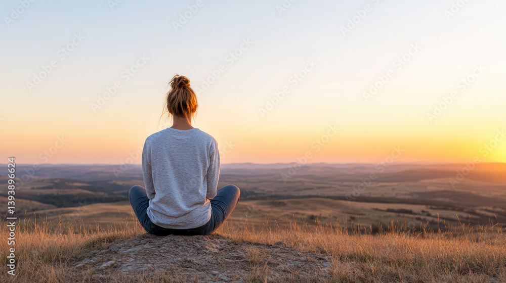 person sits peacefully on hilltop, enjoying serene sunset view over rolling hills person sits peacefully on hilltop, enjoying serene sunset view over rolling hills
