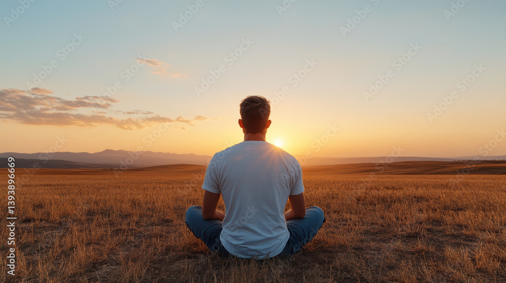 Meditative person sitting in field at sunset, embracing tranquility and nature beauty Meditative person sitting in field at sunset, embracing tranquility and nature beauty