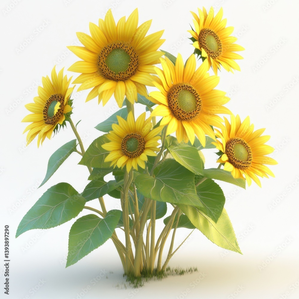 Fototapeta premium A bouquet of yellow sunflowers is displayed on a white background
