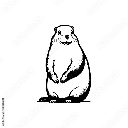 Charming black and white groundhog illustration with whimsical details in minimal style