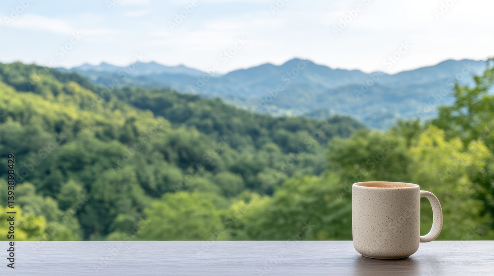 serene view of distant mountains with coffee mug on wooden table evokes tranquility serene view of distant mountains with coffee mug on wooden table evokes tranquility