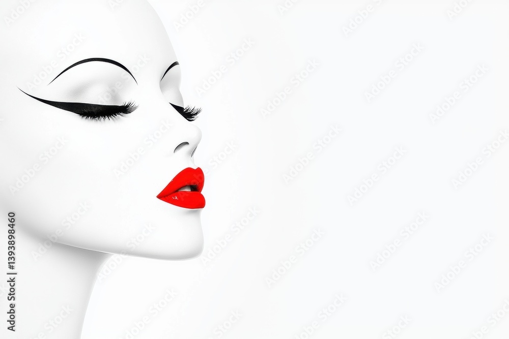 A stylish mannequin profile with bold makeup, featuring striking red lips and dramatic eyeliner, set against a minimalist white background. A stylish mannequin profile with bold makeup, featuring striking red lips and dramatic eyeliner, set against a minimalist white background.