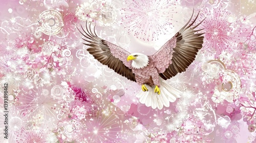 Majestic Bald Eagle Flying Through Delicate Floral Patterns and Sparkling Background in Soft Pink Hues