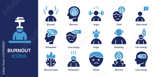 Burnout icon set. Containing Burnout, Angry, Tired, Bad mood, Exhausted, Low energy, Sweating, Burnout brain, Stress. Solid vector icons collection. Vector illustration.