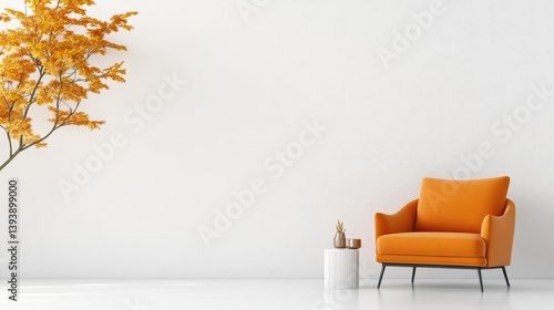 Orange Armchair with Autumn Tree Minimalist Style High-resolution Soft Lighting Wide Shot Simple Decor Relaxation Scene White Background Warm Autumnal Hues Interior Design Inspiration