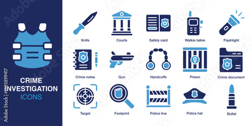 Crime Investigation icon set. Containing knife, courts, safety card, walkie talkie, flashlight, crime notes, and more. Solid vector icons collection. Vector illustration.