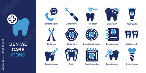 Dental Care icon set. Containing dentist helpline, dental mirror, tooth brush, break tooth, toothpaste, dental tool, and more. Solid vector icons collection. Vector illustration.