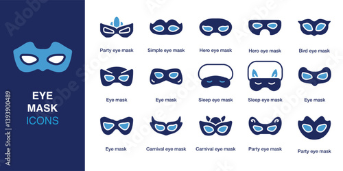 Eye Mask icon set. Containing party eye mask, simple eye mask, hero eye mask, bird eye mask, and more. Solid vector icons collection. Vector illustration.