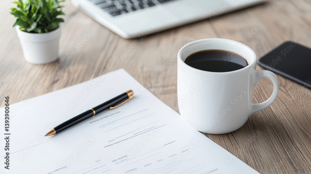clean workspace featuring coffee cup, pen, and financial documents creates productive atmosphere clean workspace featuring coffee cup, pen, and financial documents creates productive atmosphere