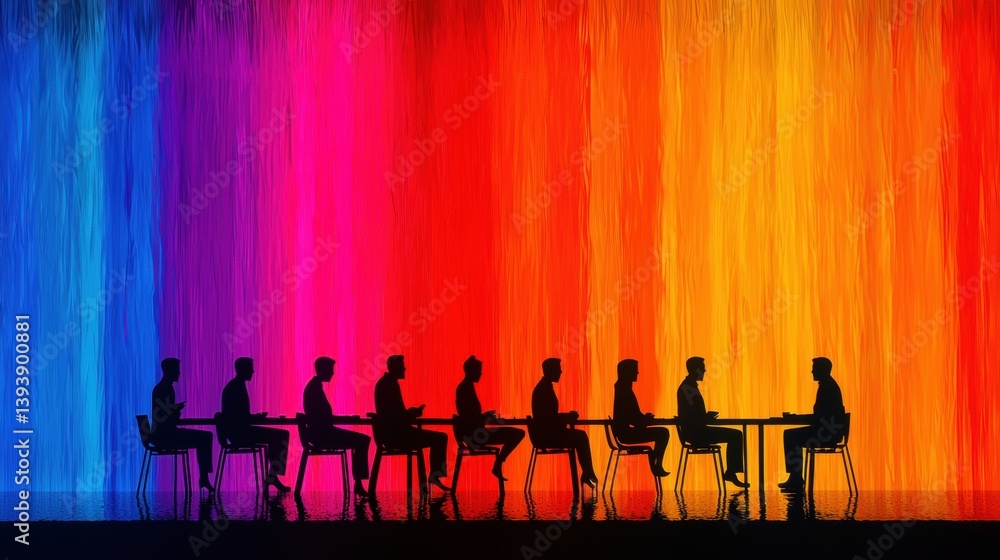 A vibrant, colorful background features silhouettes of people sitting at a table, suggesting a meeting or discussion in an artistic setting. A vibrant, colorful background features silhouettes of people sitting at a table, suggesting a meeting or discussion in an artistic setting.