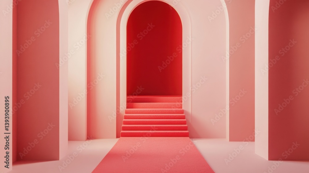Fototapeta premium Minimalist Geometric Architectural Interior Background with Pink Walls and Red Archway Stairs