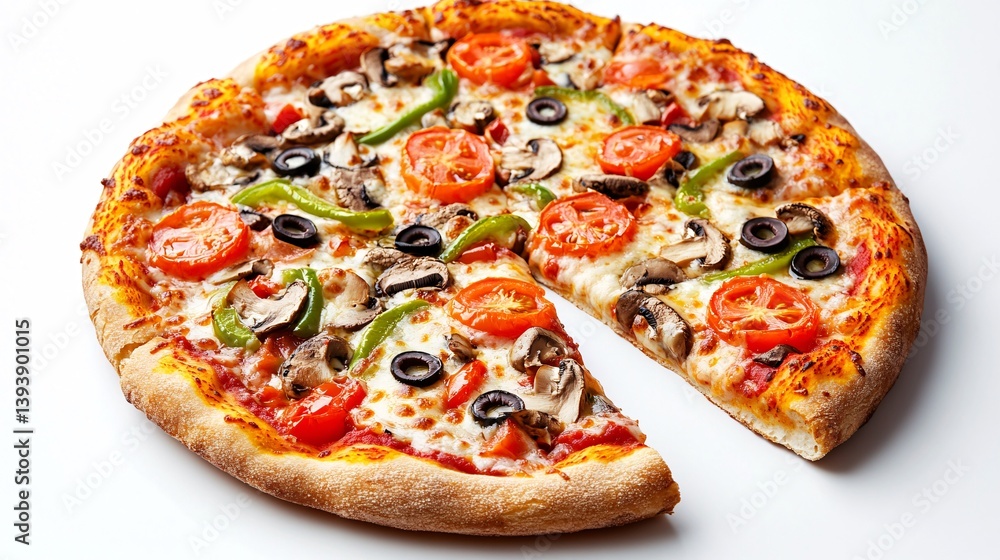 Fresh Veggie Pizza with Tomatoes, Olives, Mushrooms, and Peppers on White Background Fresh Veggie Pizza with Tomatoes, Olives, Mushrooms, and Peppers on White Background