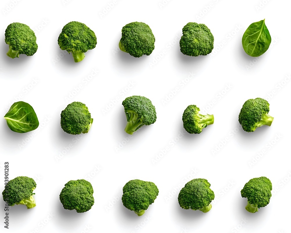 Broccoli florets with green leaves neatly arranged on a white background, casting soft shadows Broccoli florets with green leaves neatly arranged on a white background, casting soft shadows
