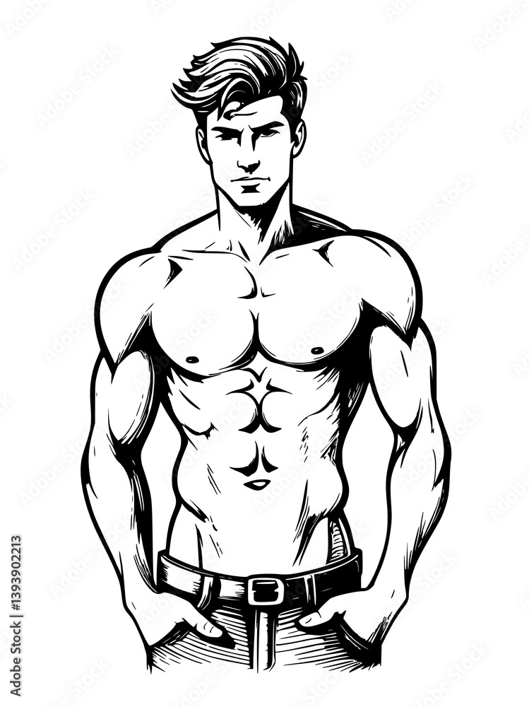Fototapeta premium man with muscle torso. black drawing isolated on a white background.
