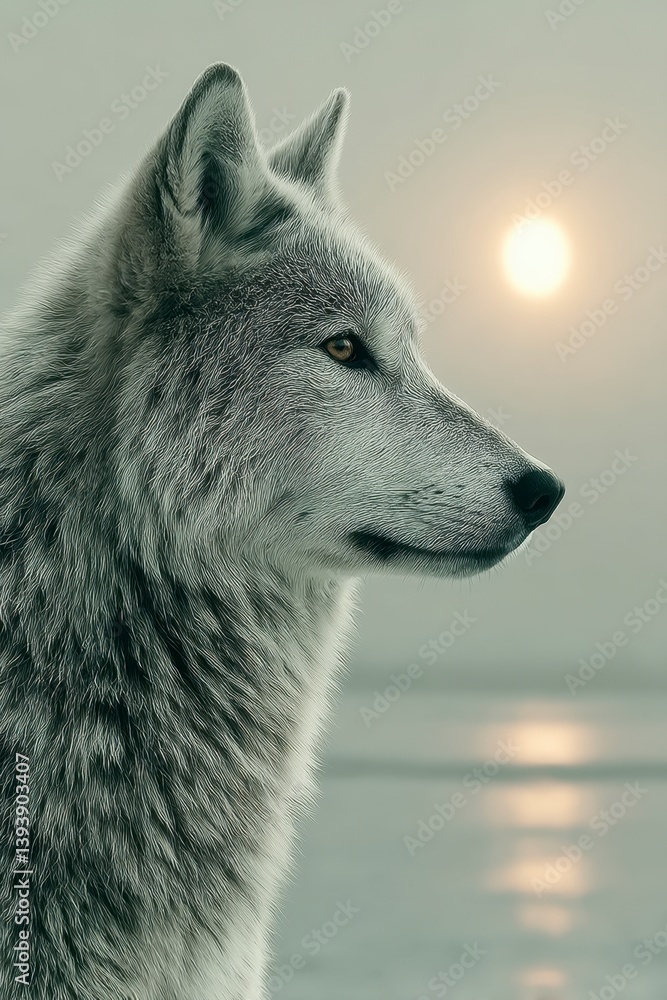 Fototapeta premium Frosty Gray Wolf at Sunset Over Calm Water