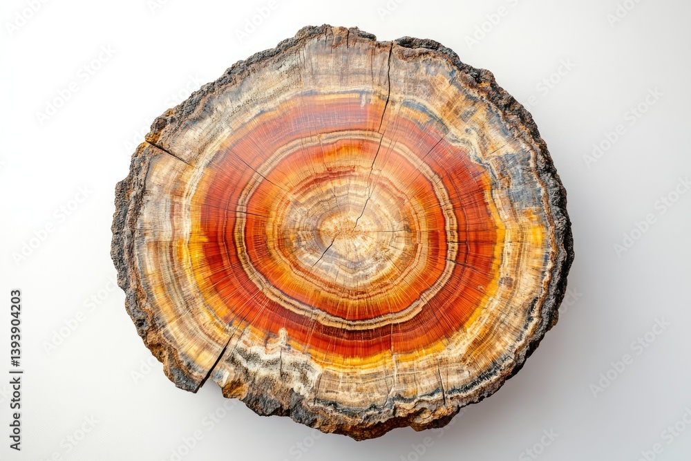 A cross-section of petrified wood showcasing vibrant, concentric rings of reddish-orange and brown hues. A cross-section of petrified wood showcasing vibrant, concentric rings of reddish-orange and brown hues.