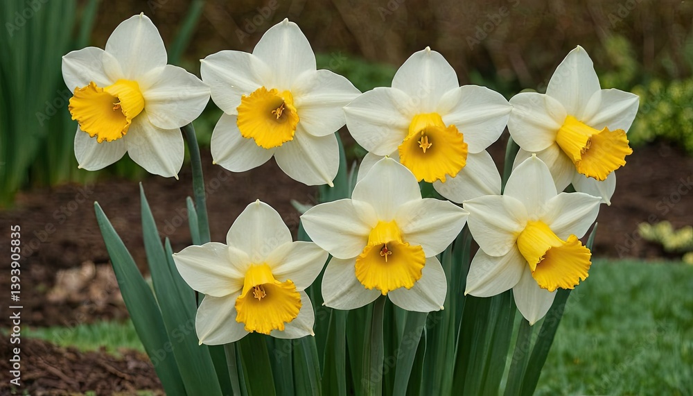White daffodil with yellow center blooming in spring
1 White daffodil with yellow center blooming in spring
1