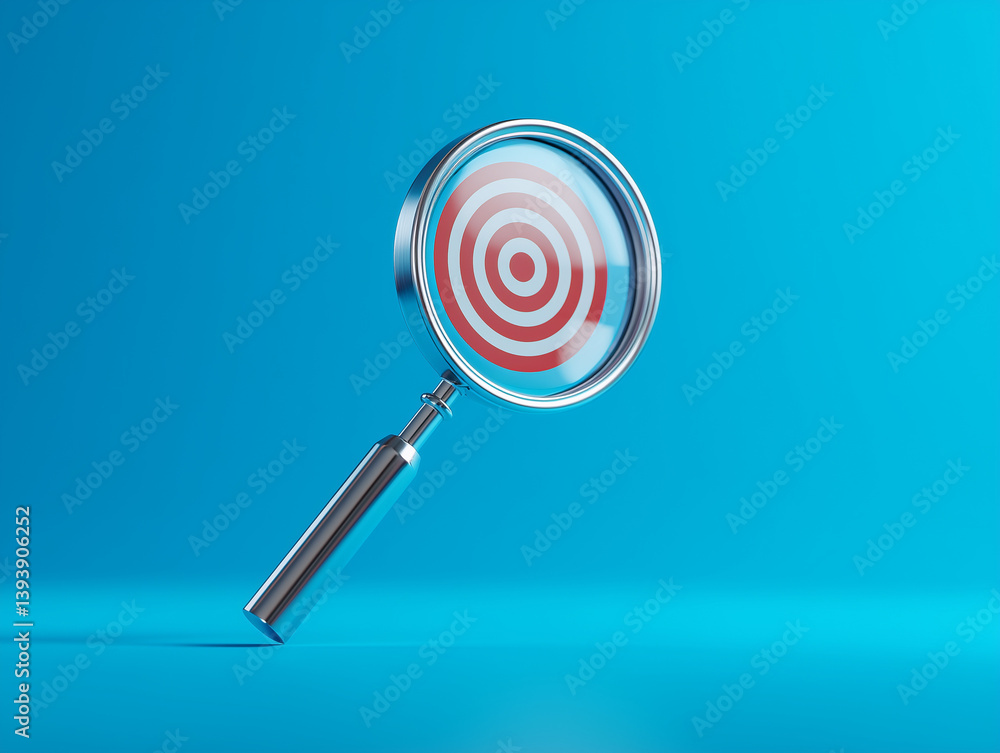 magnifying glass focusing on a red and white target on a blue background, concept of focus, research, and achieving goals, precision magnifying glass focusing on a red and white target on a blue background, concept of focus, research, and achieving goals, precision