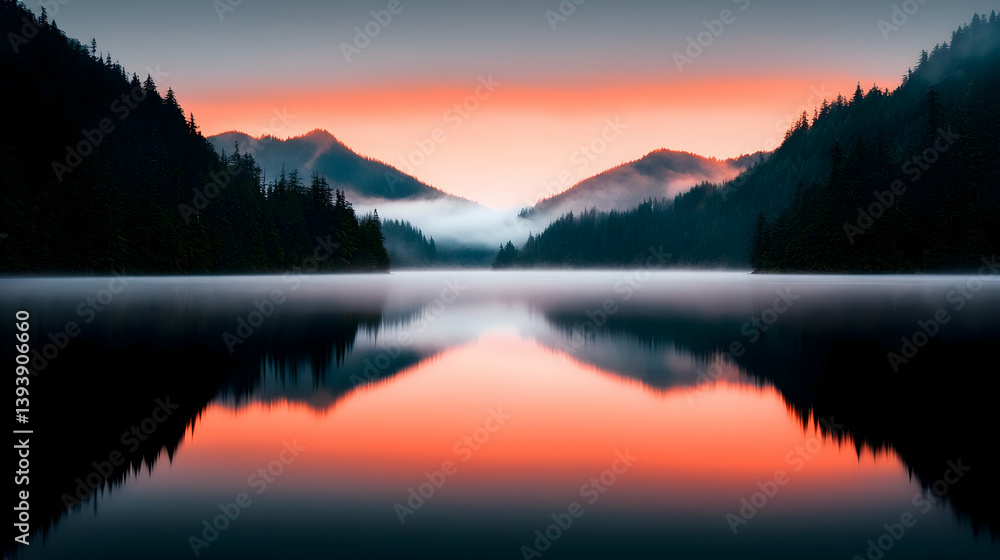 Fototapeta premium Serene Sunrise Over Mountain Lake and Island