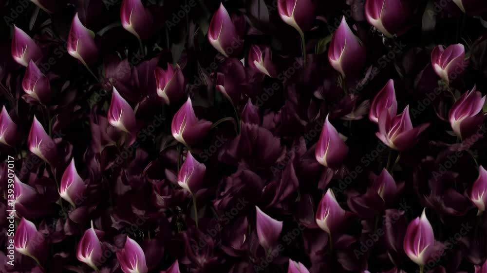 Dramatic tilt-down, low key lighting video over a wall of deep burgundy calla lilies, blooms densely packed, no spaces Dramatic tilt-down, low key lighting video over a wall of deep burgundy calla lilies, blooms densely packed, no spaces