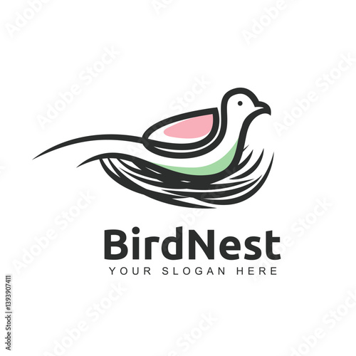 Simple minimalist bird and nest line design, perfect for brand logo.