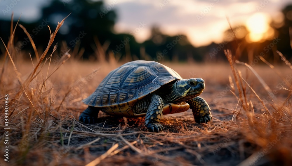 Obraz premium Turtle moving slowly through golden hued dry grass, silhouetted against warm sunset lighting, revealing serene wilderness landscape and natural wildlife movement
