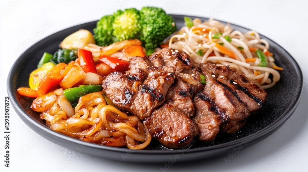 Grilled steak with assorted vegetables and noodles. A colorful and flavorful plate features sliced grilled steak, vibrant vegetables, and stir-fried noodles. Grilled steak with assorted vegetables and noodles. A colorful and flavorful plate features sliced grilled steak, vibrant vegetables, and stir-fried noodles.