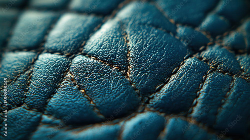 Textured blue leather with intricate patterns and stitching creates visually appealing surface. close up craftsmanship quality material luxury