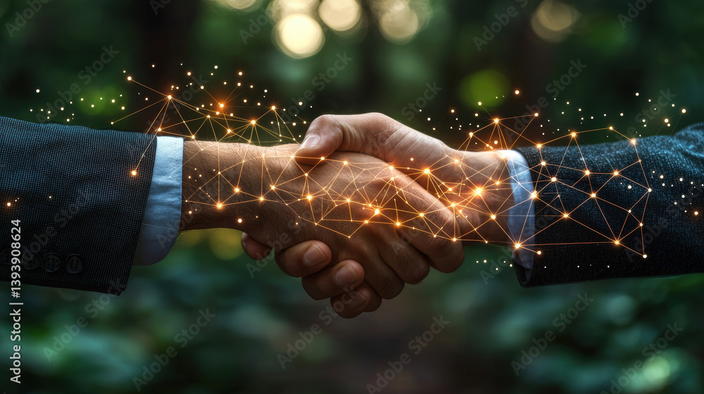 professional handshake symbolizes collaboration and partnership, enhanced by digital network effect that represents connectivity and innovation in natural setting