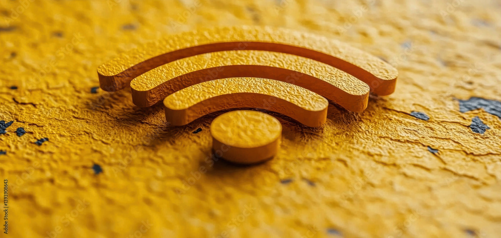vibrant and textured close up of Wi Fi symbol in striking yellow color, set against rough surface, evokes sense of connectivity and modern technology