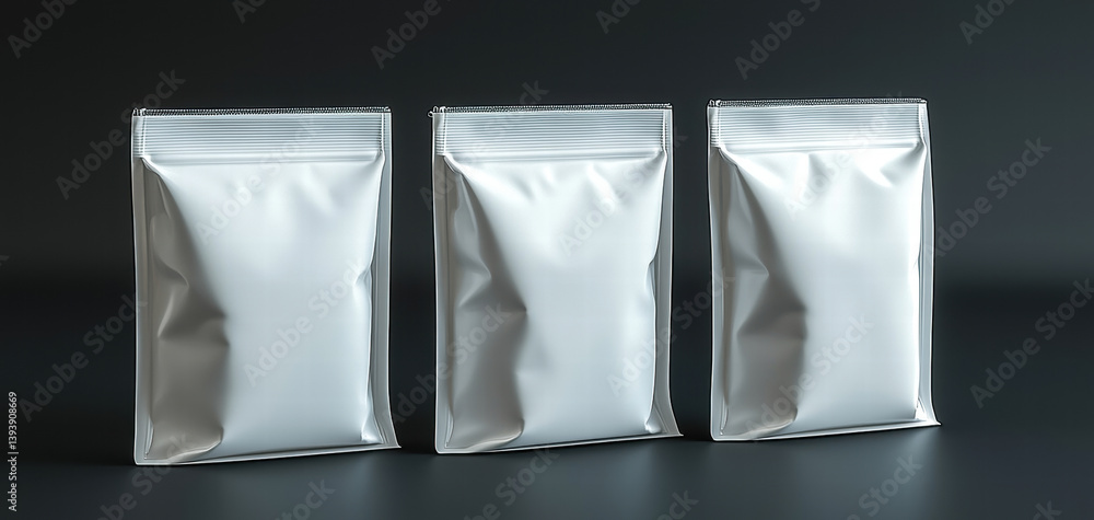 clear photo realistic image of three white stand up pouches arranged in row, showcasing their sleek design and smooth texture against dark background. pouches evoke sense of modern packaging
