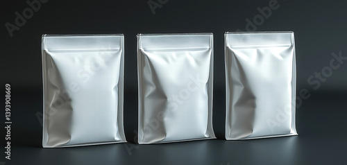 Obraz na płótnie clear photo realistic image of three white stand up pouches arranged in row, showcasing their sleek design and smooth texture against dark background. pouches evoke sense of modern packaging w salonie