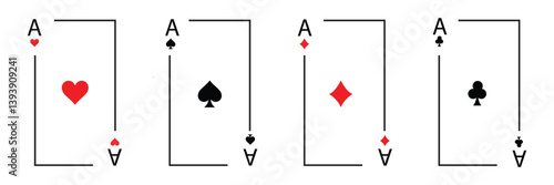 Playing card set, Four playing card suits icon set. Poker cards suits. Hearts, clubs, diamonds, spades ace. Winning poker hand. Casino gambling concept. Isolated on transparent .Vector Illustration . 