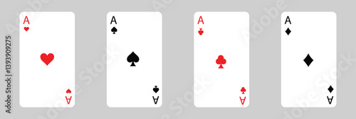 Playing card set, Four playing card suits icon set. Poker cards suits. Hearts, clubs, diamonds, spades ace. Winning poker hand. Casino gambling concept. Isolated on transparent .Vector Illustration . 