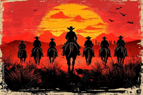 Silhouetted Cowboys Riding into Fiery Sunset Landscape