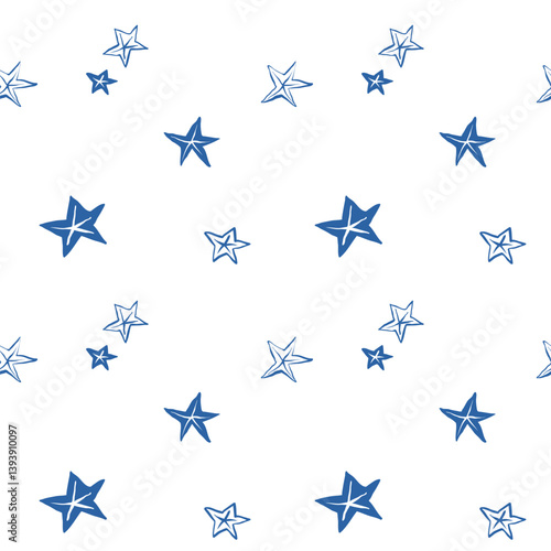 Seamless pattern with hand-drawn blue starfish on white background. Nautical marine repeat design in minimalist line art style. 