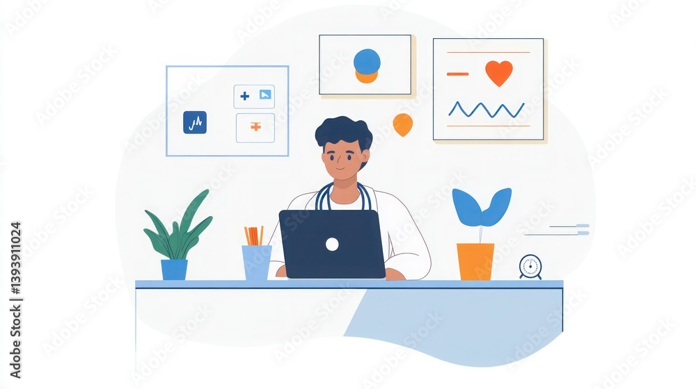 A bright and clean office with a young doctor analyzing data on a laptop, ad success charts visible A bright and clean office with a young doctor analyzing data on a laptop, ad success charts visible