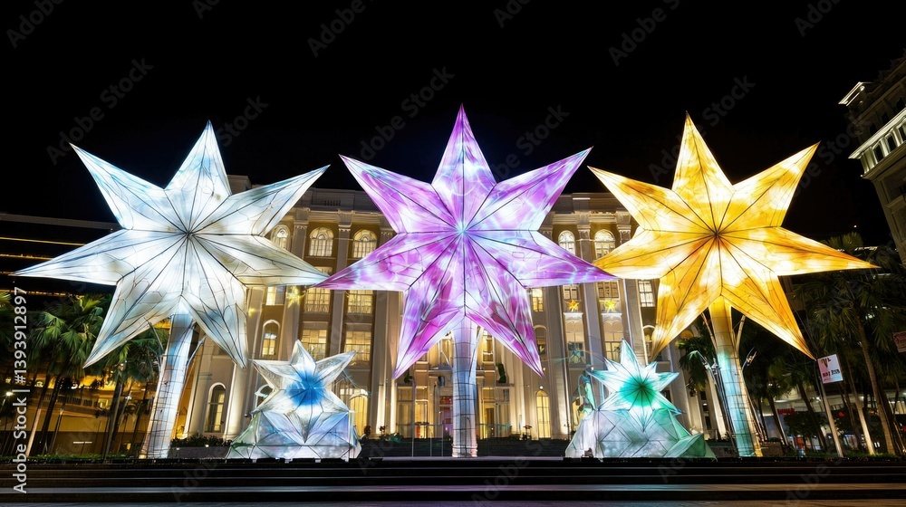 Colorful Star-Shaped Lanterns Displayed at Night in a City Square with Historical Architecture in the Background