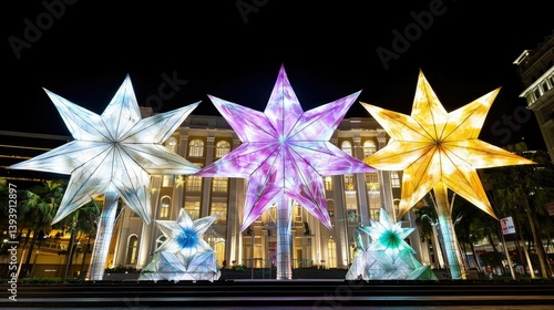 Obraz na płótnie Colorful Star-Shaped Lanterns Displayed at Night in a City Square with Historical Architecture in the Background w salonie