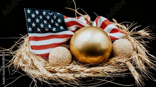 Golden Sphere on Straw Nest Surrounded by American Flags and Decorative Balls for Celebration Themes