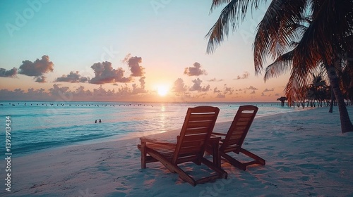 Breathtaking Sunset Over Tranquil Beach with Wooden Lounge Chairs by the Ocean