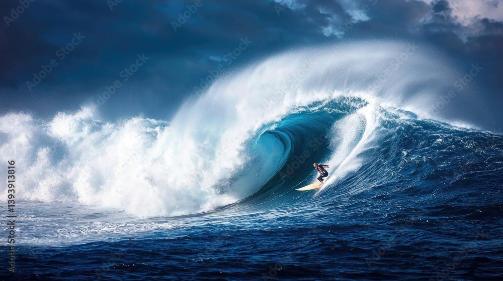 Surfer Riding Majestic Wave Under Dramatic Sky with Strong Ocean Currents and Powerful Water Splashes
