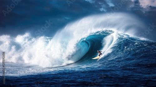Obraz na płótnie Surfer Riding Majestic Wave Under Dramatic Sky with Strong Ocean Currents and Powerful Water Splashes w salonie