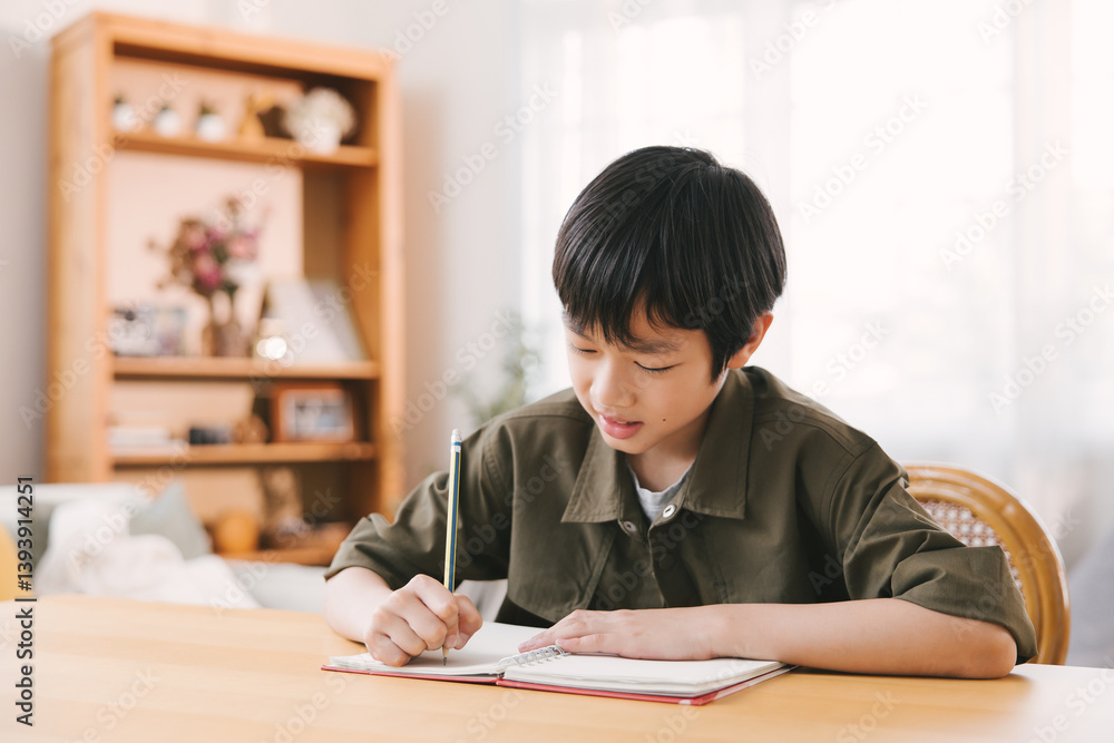 Focused Asian boy writes in a notebook using a pencil study, sitting at a desk by a window. Focused Asian boy writes in a notebook using a pencil study, sitting at a desk by a window.
