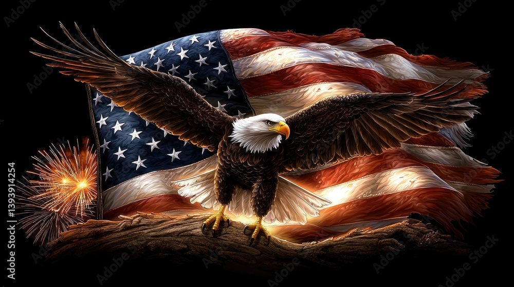 Majestic Bald Eagle Displaying Power Against the Backdrop of the American Flag and Fireworks